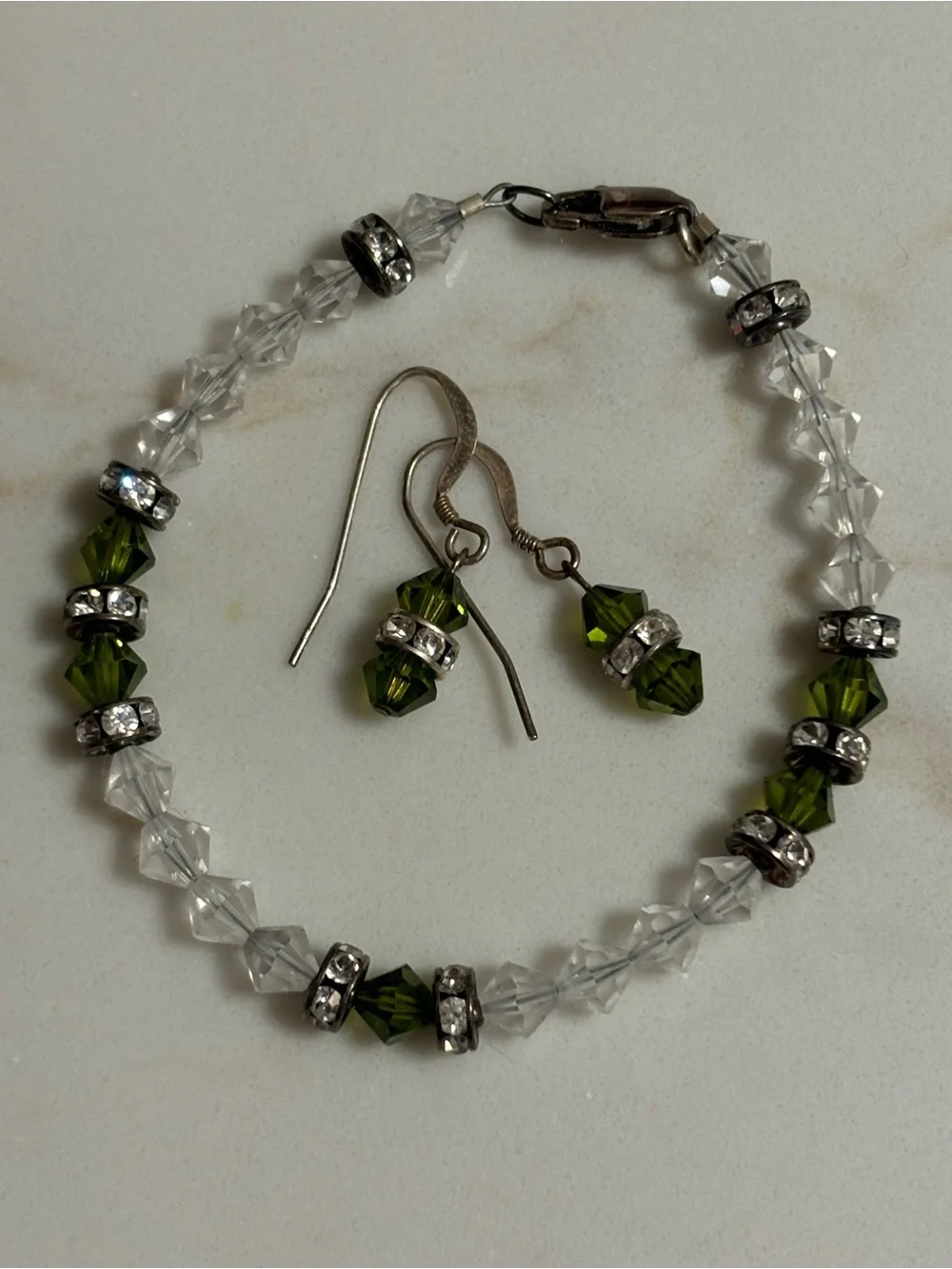 Crystal and Olive Green Beaded Bracelet with Matching Earrings
